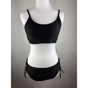 DACI Bikini Set Black High Waisted Swimsuit Two Piece Ruched Drawstring Sporty L